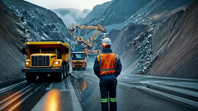 Mining Engineer Stands in Front of Large Mining Trucks and Excavator, worker, construction, industry, heavy equipment, dumper