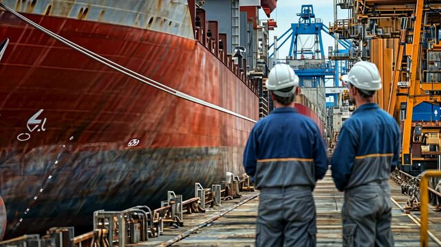 Dockworkers looking at cargo ship, container ship, port, harbor, crane, shipyard