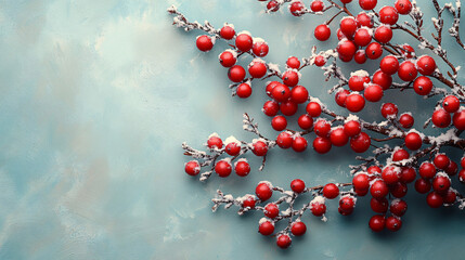 A serene winter-themed still life featuring red berries and snow-covered branches, perfect for holiday greetings, Christmas decor, or seasonal marketing materials.
