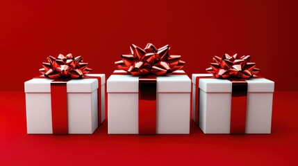 Fototapeta premium Three beautifully wrapped gift boxes with red bows on a vibrant red background.