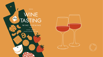 Wine event horizontal design template. Glasses and wine appetizers board. 
