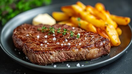 Delicious Ribeye Steak with Caramelized French Onions and Crispy French Fries, Perfectly Seasoned and Cooked to Medium-Rare, Served with Fresh Parsley Garnish for a Flavorful and Satisfying Meal