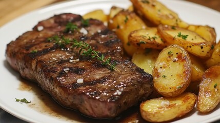 Delicious Ribeye Steak with Caramelized French Onions and Crispy French Fries, Perfectly Seasoned and Cooked to Medium-Rare, Served with Fresh Parsley Garnish for a Flavorful and Satisfying Meal
