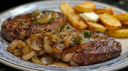 Delicious Ribeye Steak with Caramelized French Onions and Crispy French Fries, Perfectly Seasoned and Cooked to Medium-Rare, Served with Fresh Parsley Garnish for a Flavorful and Satisfying Meal