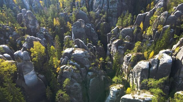 Aerial view of the Teplice Rocks, landscape of the Adrspach-Teplice Mountain Park in the Broumov Uplands region of Bohemia, Czech Republic