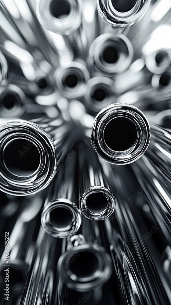 Poster a close-up view of a collection of shiny, silver tubes, arranged in a circular pattern.