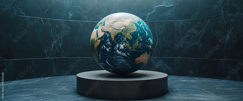 Poster a realistic 3d model of the earth floating on a black platform in a dark marble room.