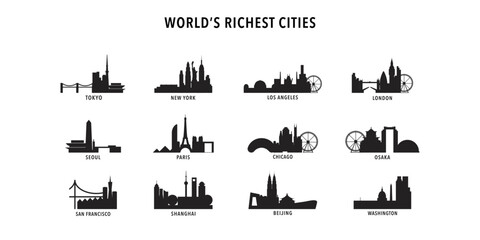 Fototapeta premium Richest cities by GDP logos, icons pack with skylines of Tokyo, New York, Los Angeles, London, Seoul, Paris, Chicago, Osaka, Beijing, Shanghai