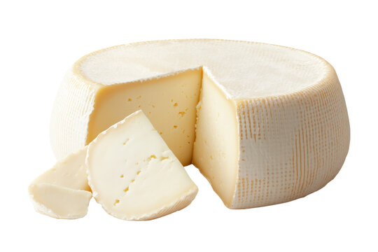 Round Robiola soft cheese with white rind isolated on white background. Concept of dairy products