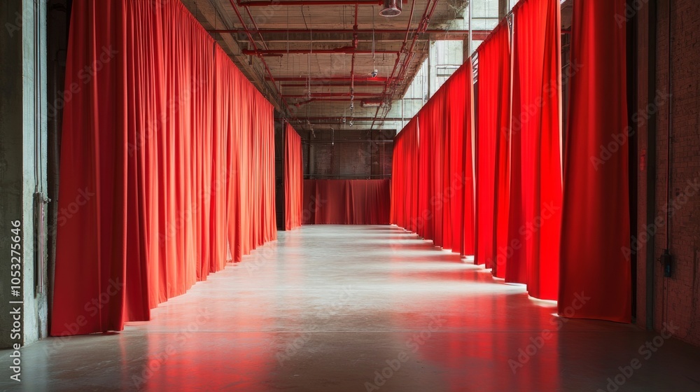 Aufkleber industrial pipes and vibrant red curtains intersect in an empty urban space, adding color and intrig