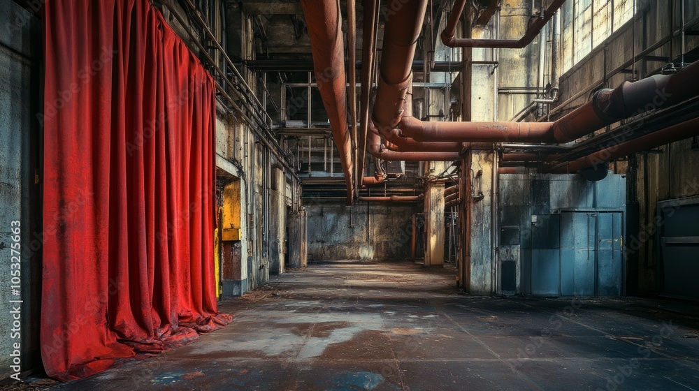 Poster industrial pipes and vibrant red curtains intersect in an empty urban space, adding color and intrig