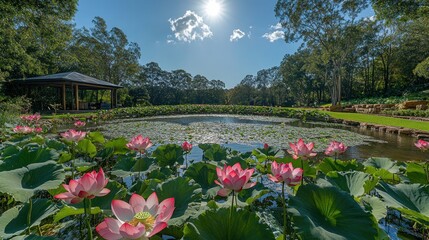 Obraz premium A serene pond with pink lotus flowers in bloom under a bright blue sky.