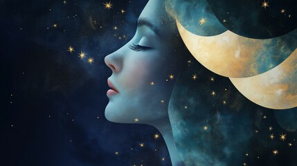 Celestial Serene: A mystical portrait of a woman adorned with celestial elements, bathed in the ethereal glow of stars and a crescent moon.
