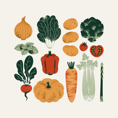 Various fresh food collection. Pumpkin with spinach and carrot with celery and artichoke. Vector illustration
