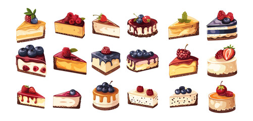 Delicious cheesecake portions cartoon vector collection. Pie berries strawberries blueberries fruits raspberries cherries slices creamy baked homemade gourmet pastry sweets, isolated artworks