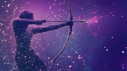 Cosmic Archer: A silhouette of an archer, poised and focused, releases an arrow that trails a fiery, cosmic dust.  The image is rich with purple hues and a network of constellations.
