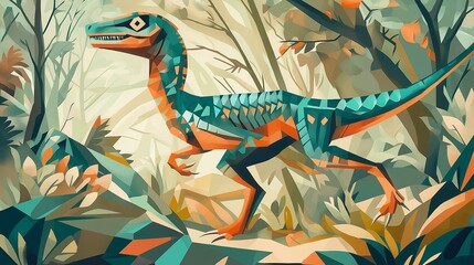 Obraz premium Raptor in the Jungle: A vibrant and geometric illustration of a velociraptor prowling through a lush, abstract jungle, showcasing the prehistoric predator in a striking and contemporary style. 