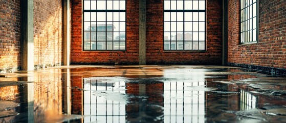 A spacious industrial interior with large windows and reflections on the floor, showcasing brick walls and natural light.