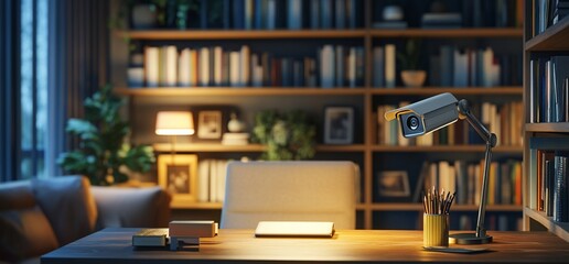 A security camera disguised as a desk lamp in a home office with bookshelves and a couch in the background.