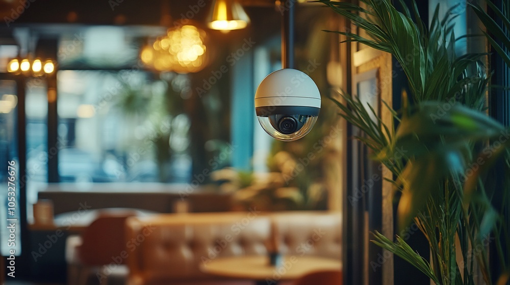 Poster a security camera hangs from the ceiling of a cafe, with the interior of the cafe blurred in the bac