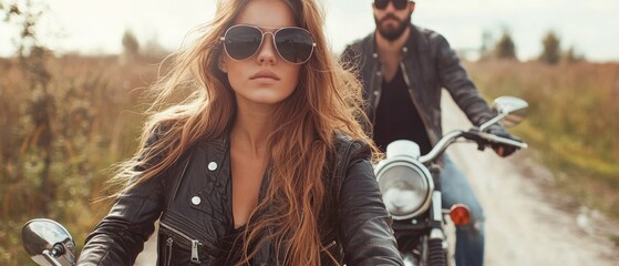 Obraz premium A stylish couple riding motorcycles on a scenic road, exuding a sense of adventure and freedom.