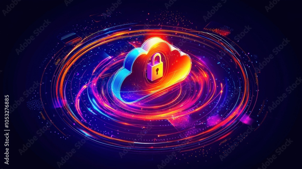 Poster a vibrant cloud icon with a padlock, representing secure cloud storage and data protection against c