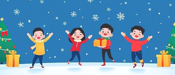 Fototapeta premium A group of children are playing in the snow and one of them is holding a present. The scene is festive and joyful, with the children enjoying the winter weather and the holiday season