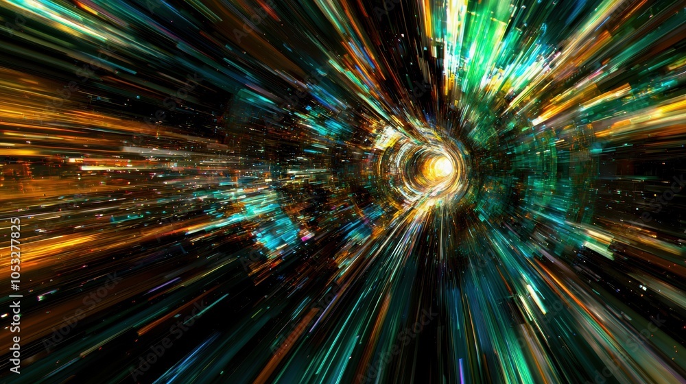Poster abstract representation of speed and motion with vibrant colors and light trails.