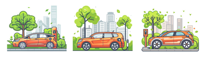 Electric cars charging urban park outline vector concepts. Green trees city skyline eco friendly power future vehicles energy landscape modern isolated scenes