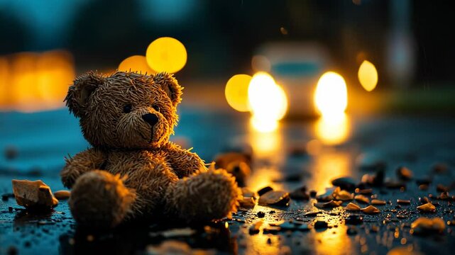 Lonely Teddy Bear in the Rain, plush toy, stuffed animal, night, wet, dark