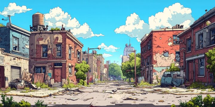 Post-Apocalyptic Cityscape, a blend of gritty realism and cartoon aesthetics, showcasing urban decay and survival in a vibrant game world