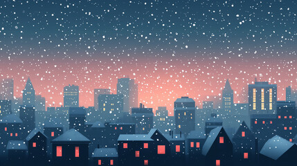 Night city with glowing buildings and snowy night