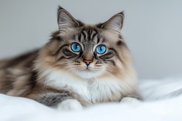 Obraz premium Adorable large fluffy gray tabby kitten with striking blue eyes on a white background exploring pets and lifestyle concept