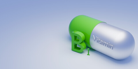 Vitamin B1 pills. Medicine capsule, color substance. Vitamin for care and beauty concept. 3d render.