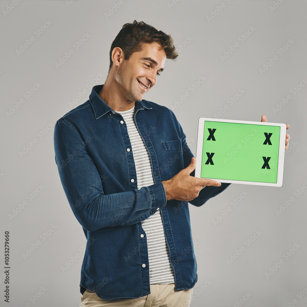 Poster internet, green screen and man with tablet, smile and person on gray studio background. communicatio