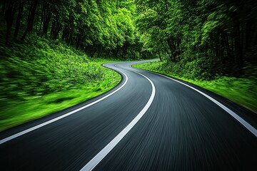 Fototapeta premium A winding road through lush greenery, inviting exploration and adventure in a serene natural setting.