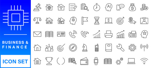 Business and Finance web icons in line style. Money, bank, contact, infographic. Icon collection. Vector illustration
