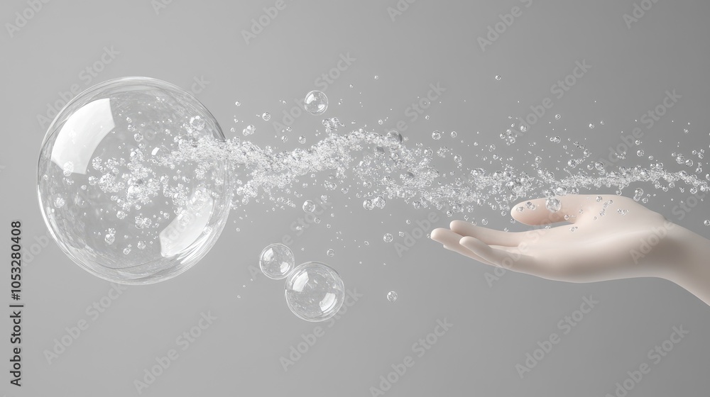 Poster a hand reaches out to a large soap bubble, with smaller bubbles trailing behind it.