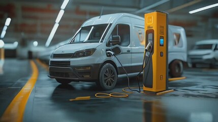 Electric Van Charging at Station in Modern Industrial Garage for Eco-Friendly Transport Solutions and Sustainable Fleet Operations - Powered by Adobe