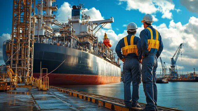 Two Dockworkers Observe Cargo Ship in Port, harbor, industrial, shipping, container ship, transportation