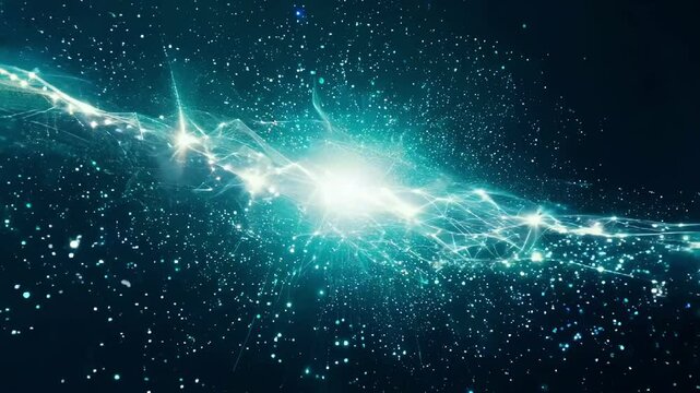 A cosmic inspired blue light burst with starry particles on a dark background. Futuristic, science, or space designs