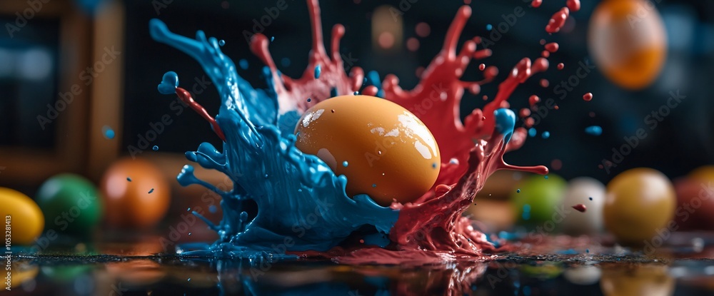 Poster egg exploding with blue and red paint splash.