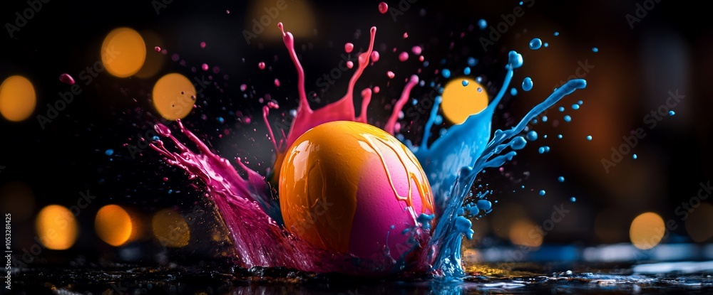 Poster a colorful egg is surrounded by splashes of paint, creating a vibrant and dynamic scene.