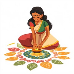 An Indian cartoon woman in a saree, making rangoli designs