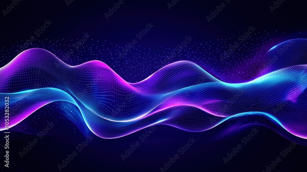 Poster vibrant waves in purple and blue, creating a dynamic and captivating visual effect against a dark ba