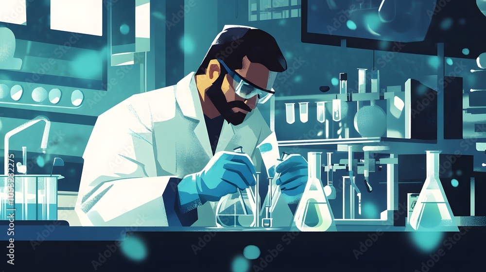 Aufkleber scientist at work, characters conducting experiments in lab. illustration in flat style.