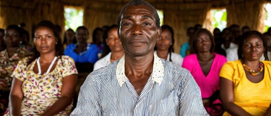 Fototapeta premium A focused man in a crowd listening attentively to a speaker in a vibrant community gathering, showcasing engaged expression.