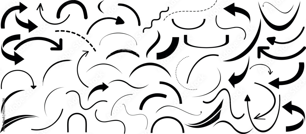 Wall mural curved lines and arrow vector set, hand drawn curve line shapes in diverse styles for creative desig