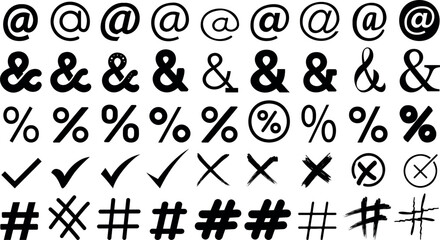 Symbol icons, and signs vector collection featuring ampersands, at symbols, percentage, checkmarks, and hashtags for graphic design, typography, and social media projects
