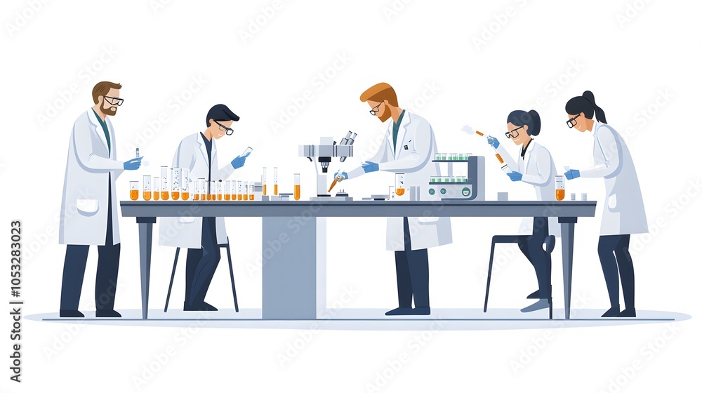 Poster scientist at work, characters conducting experiments in lab. illustration in flat style.